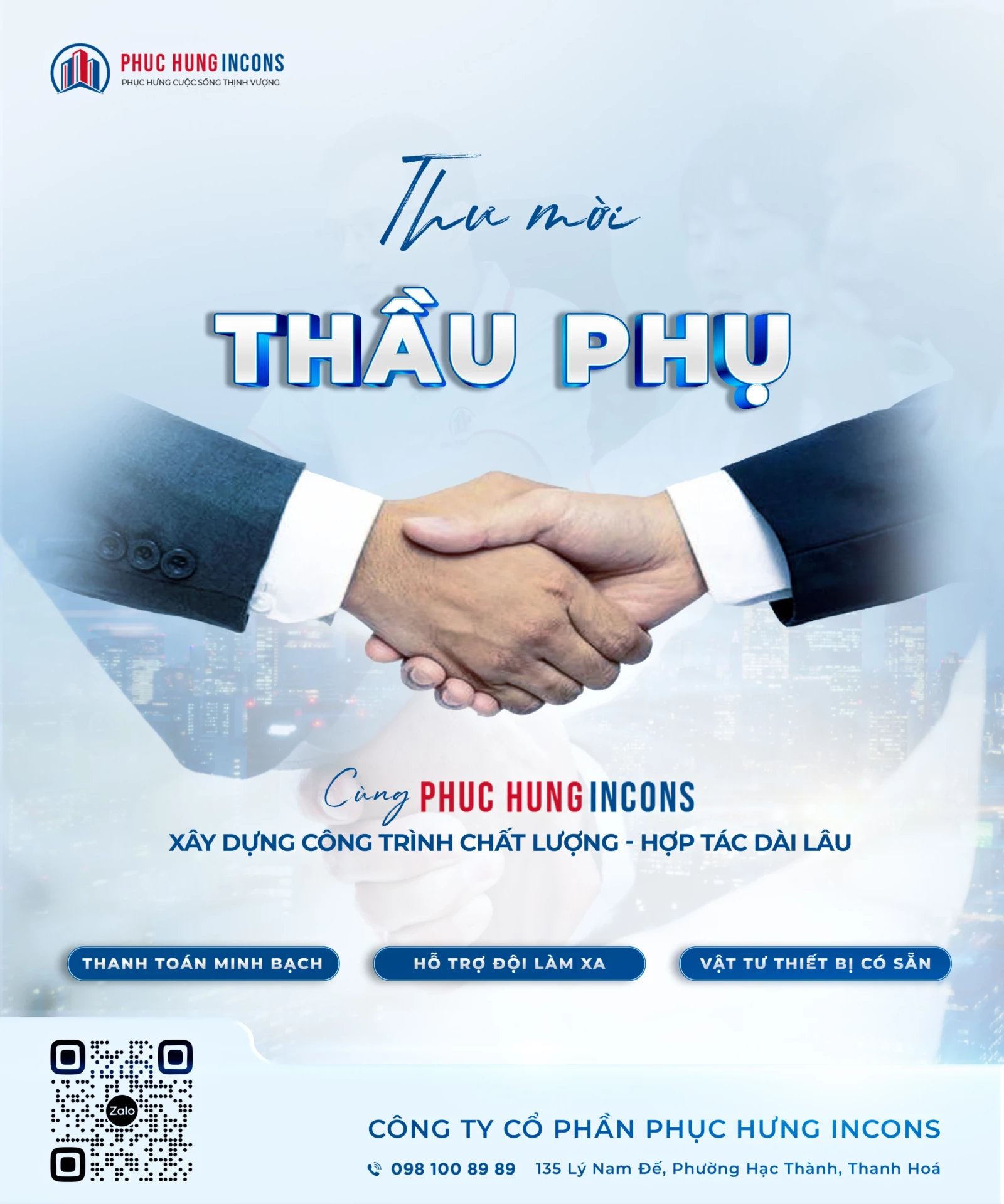 Phục Hưng Incons tuyển nhà thầu phụ xây dựng