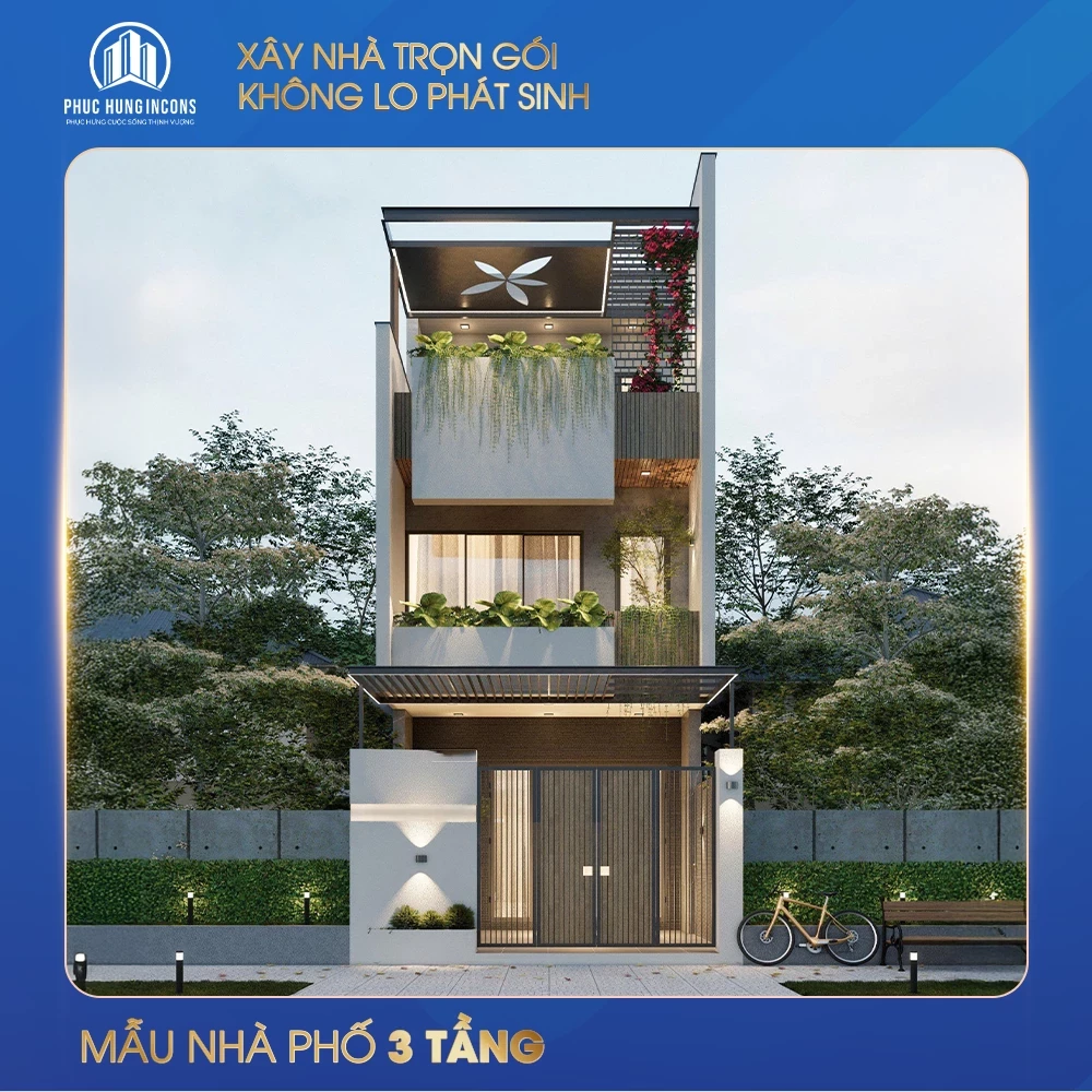 Mẫu nhà phố 3 tầng tối giản hiện đại do Phục Hưng Incons thiết kế, sử dụng ban công cây xanh và vật liệu gỗ/giả gỗ.
