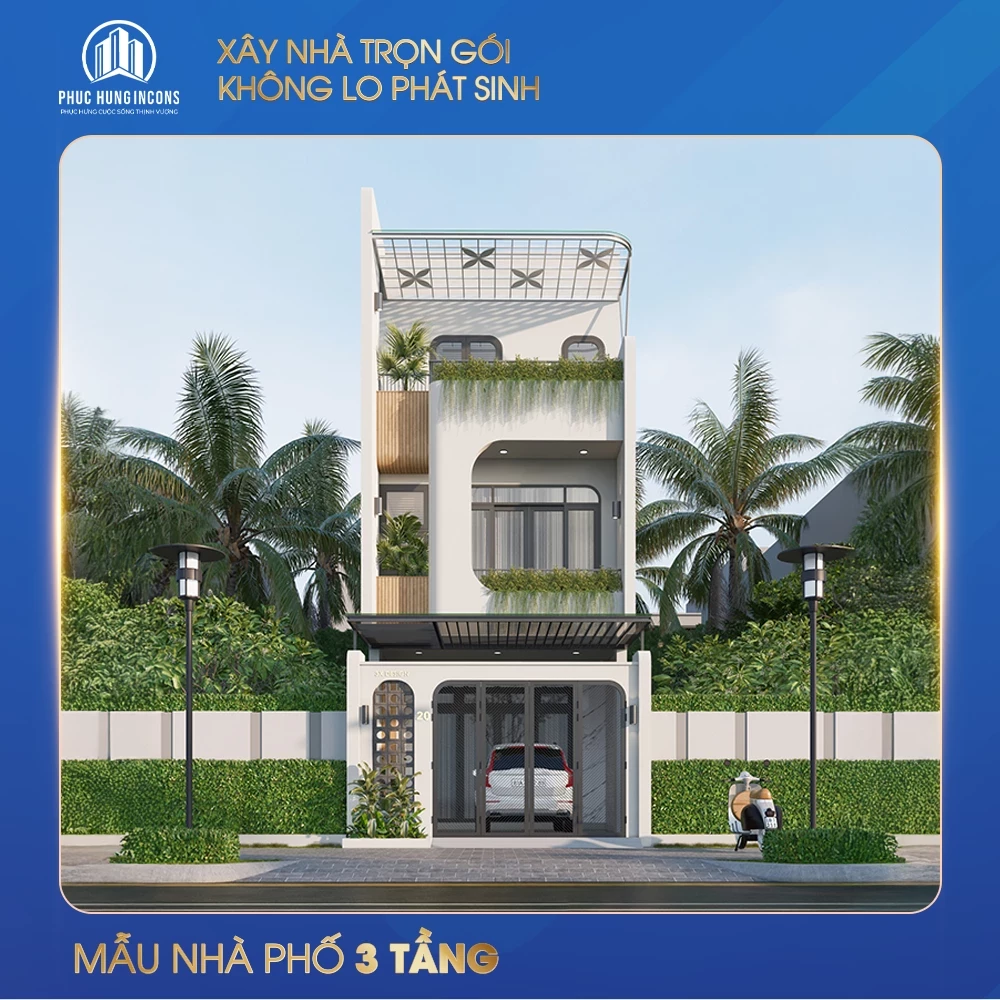 Mẫu nhà phố 3 tầng hiện đại với mặt tiền bo cong mềm mại, có gara và cây xanh