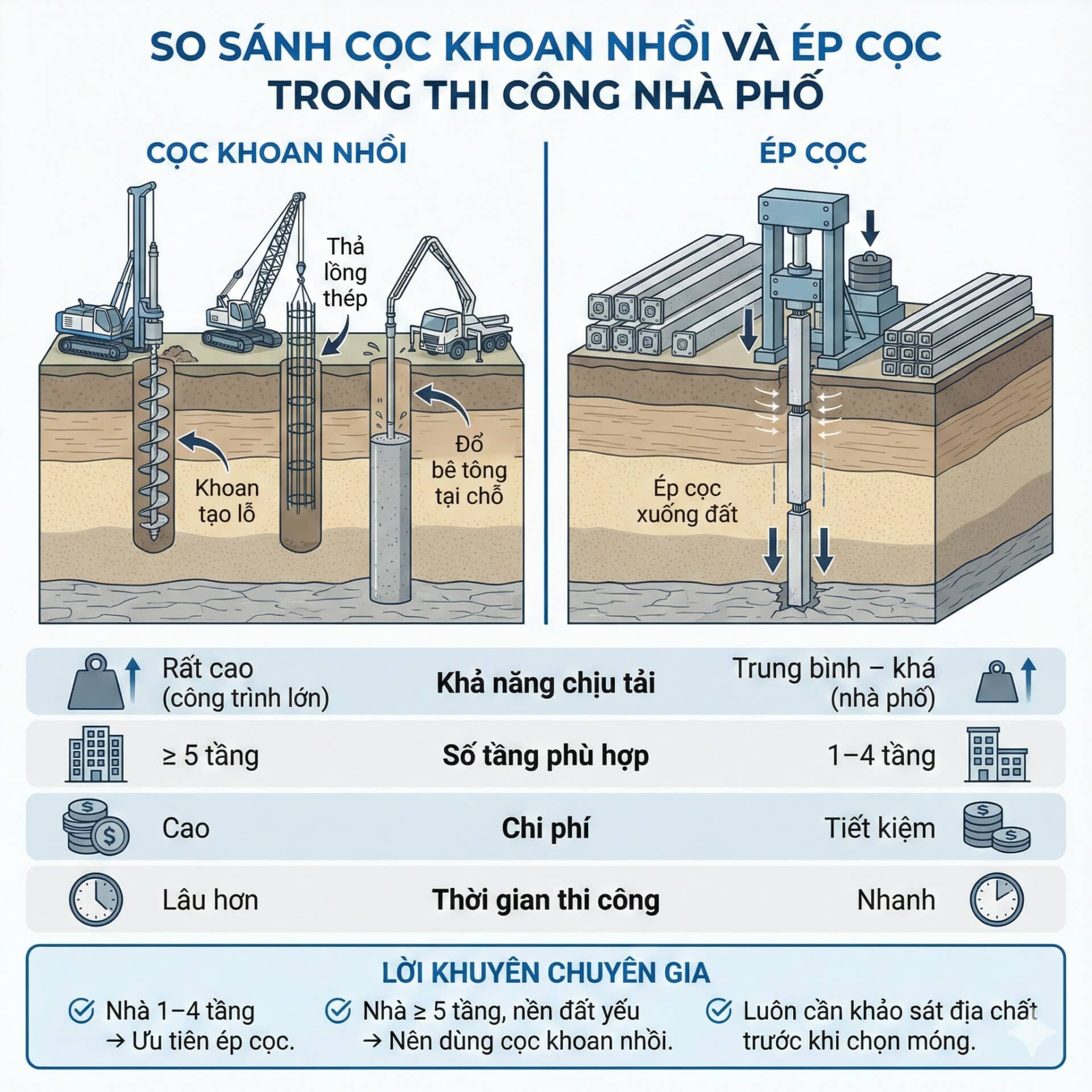 So sánh Cọc Khoan Nhồi và Ép Cọc